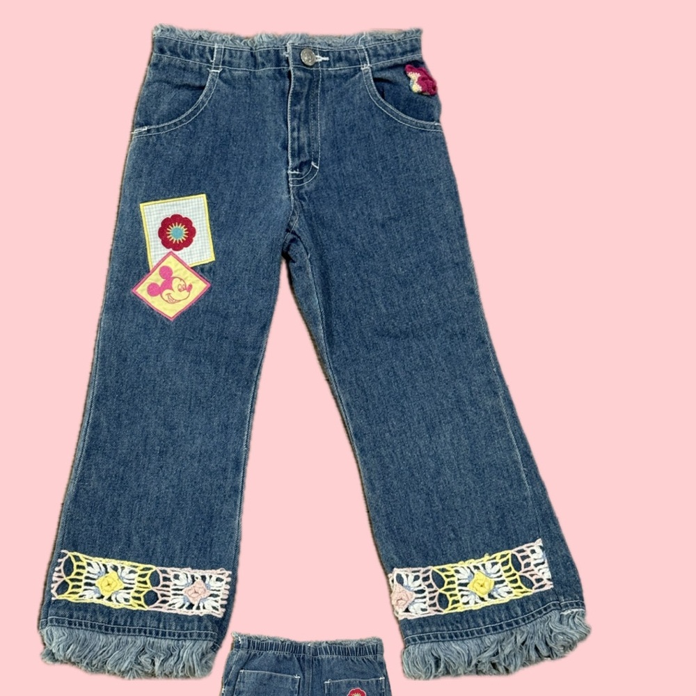 Mickey Mouse Embroidered Denim Jeans with Fringe Hem